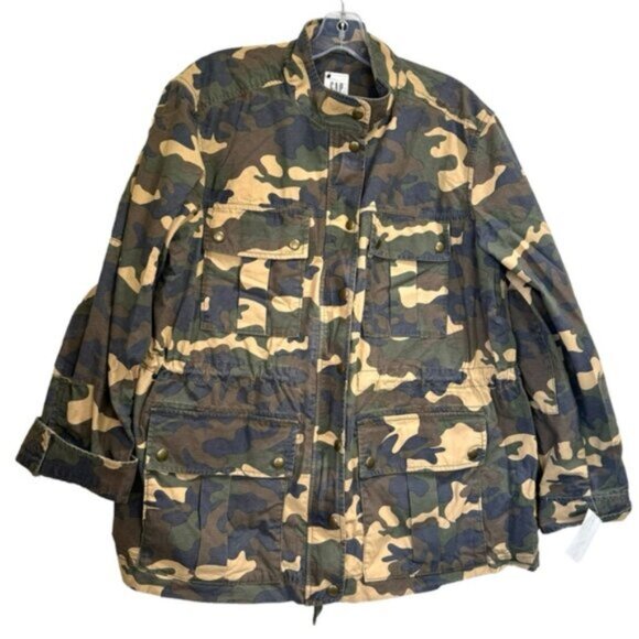 GAP NEW Utility Cotton Military Camo Jacket Pockets Zip Drawcord Lightweight XL - Picture 2 of 16